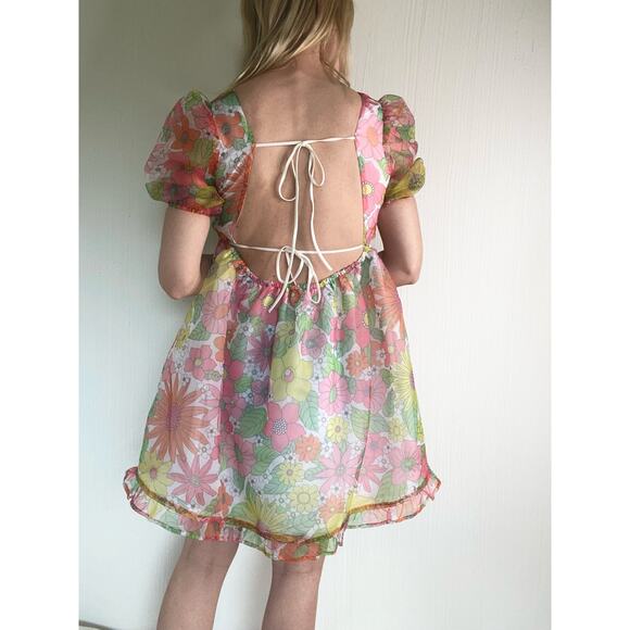 NISSA NEW YORK Sheer Floral Puff Sleeve Babydoll Dress US SMALL - Picture 9 of 14